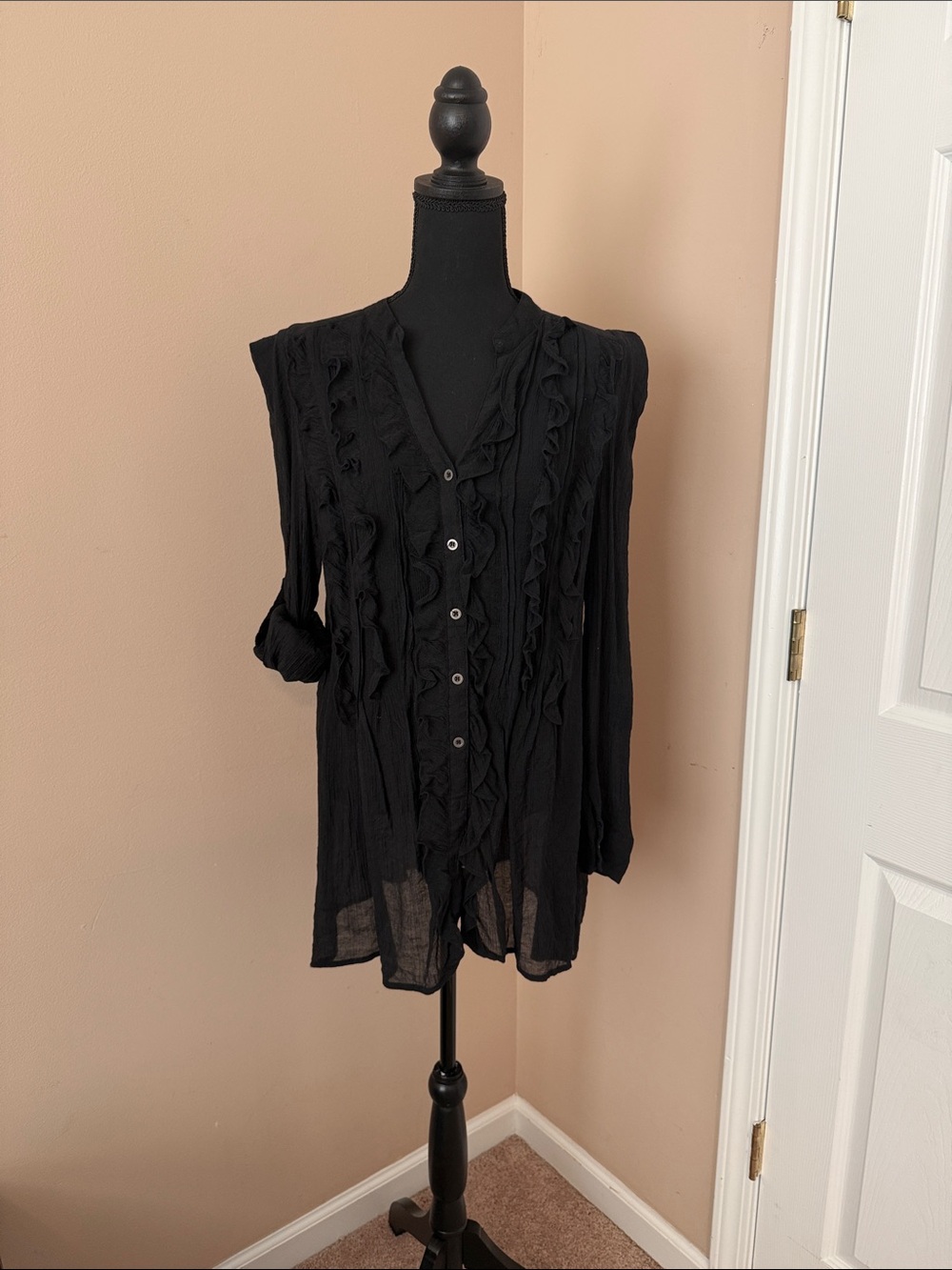 Cecico Black Ruffle Front Button-Down Blouse